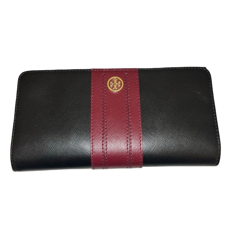 Tory Burch Black and Burgundy Saffiano Leather Double Snap Wallet NWOT
